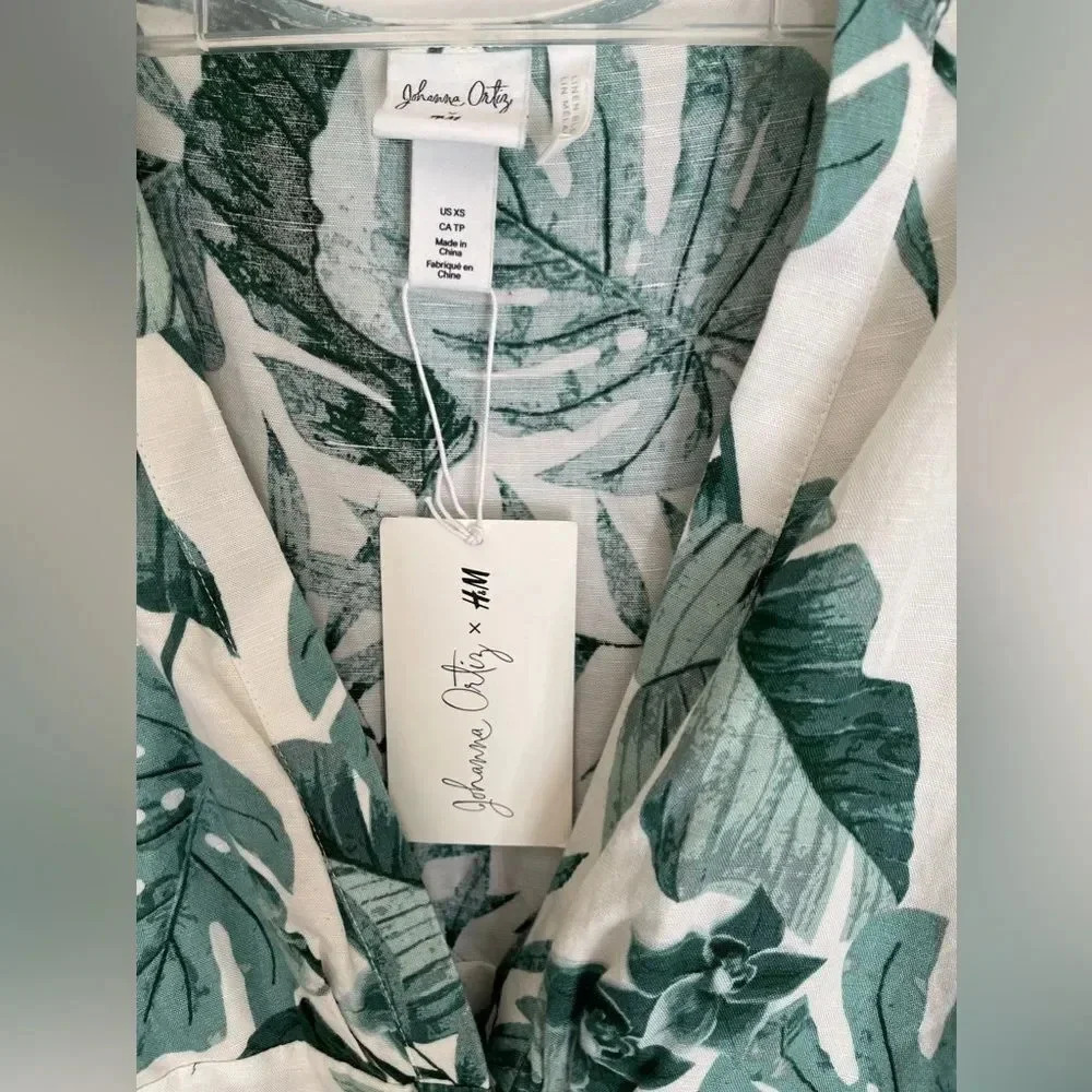 H&M x Johanna Ortiz Green White Linen Leaf Dress - Picture 11 of 11